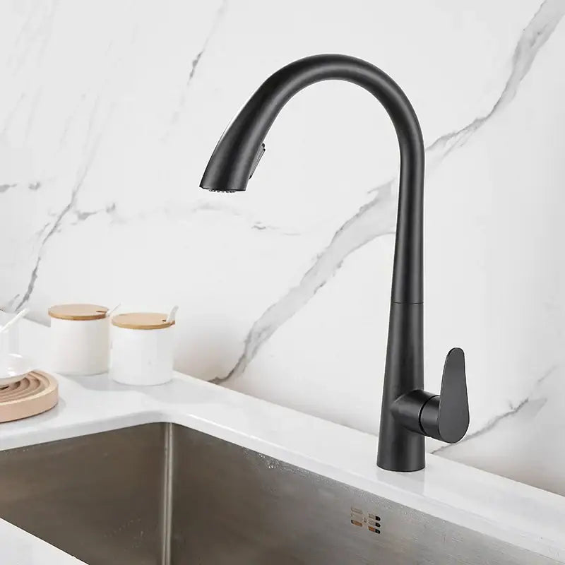 Black matte kitchen sink faucet with sleek curved spout complements modern brushed gold kitchen sink design