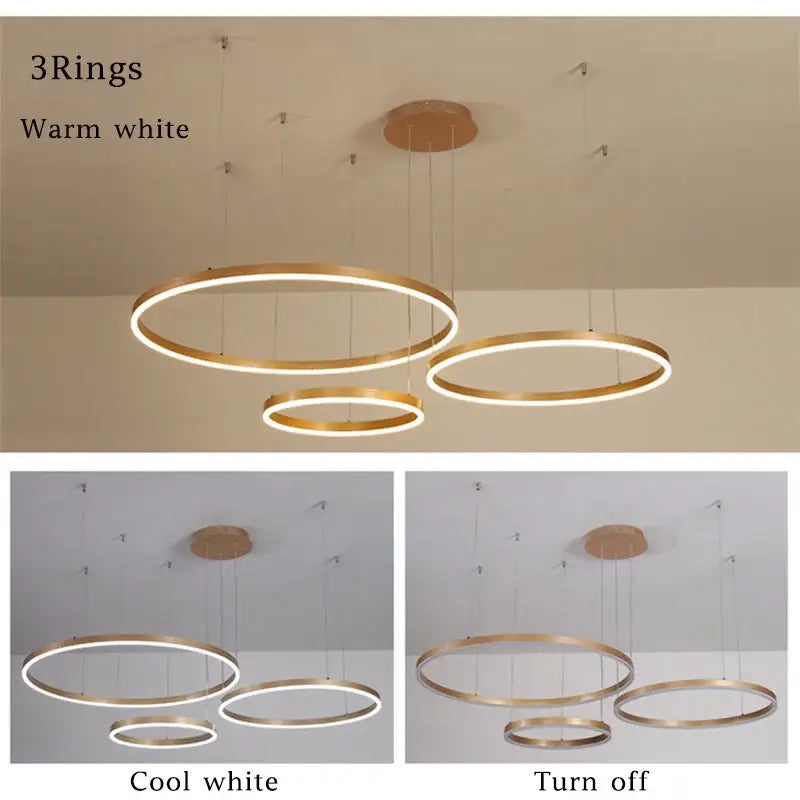 Modern brushed gold led chandelier with three circular rings emitting warm white cool white or off lighting decorbites brushed gold