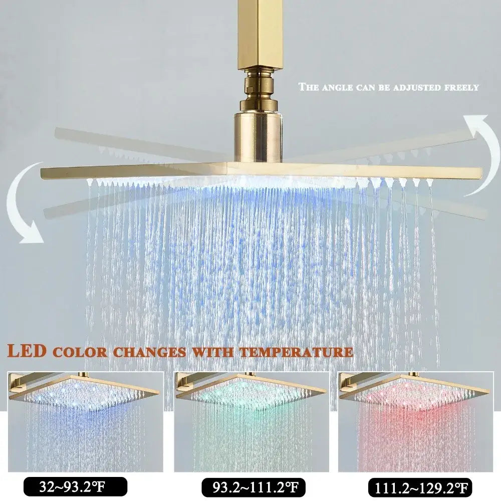 Modern brushed gold shower head with adjustable angle led lighting and color-changing spray patterns bathroom set