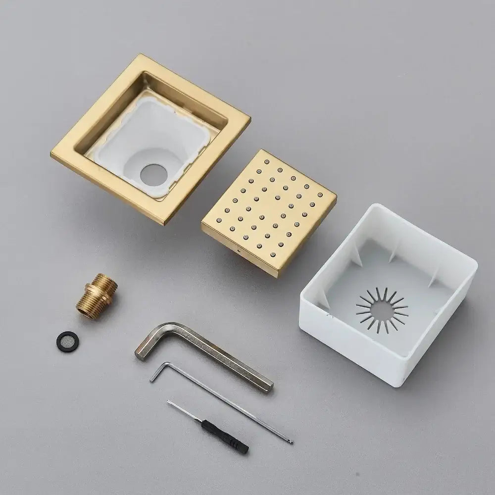 Modern brushed gold shower head with square design multiple spray patterns and matching gold frame for bathroom use
