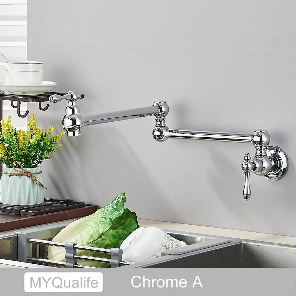 Chrome-finished extendable dual handle kitchen pot filler faucet with classic design and folding spout for convenience