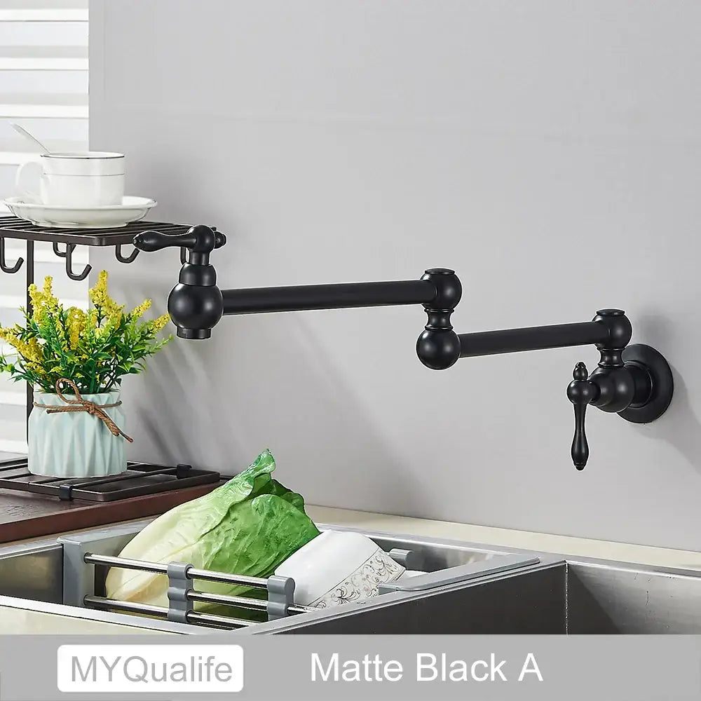Modern matte black pot filler faucet with extendable folding spout ornate spherical joints and lever handles
