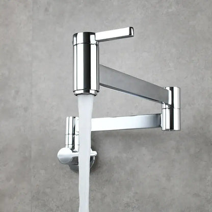 Modern brushed gold pot filler faucet with chrome finish and articulated foldable spout flowing white water stream