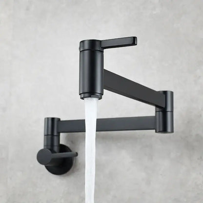 Black matte finish wall-mounted pot filler faucet with sleek articulated arm and dual handles for kitchen use