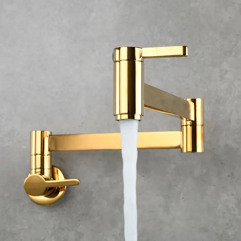 Modern brushed gold pot filler faucet kitchen wall mounted with a sleek foldable long extendable spout