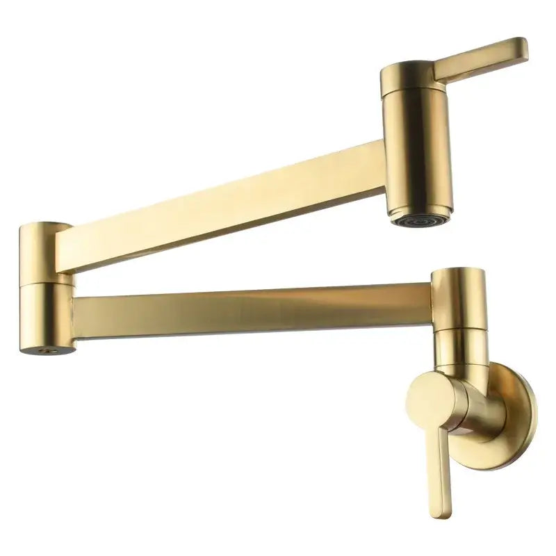 Modern brushed gold pot filler faucet with sleek extendable foldable spout and brushed metal finish for kitchen wall mounting