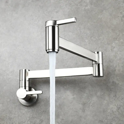 Modern stainless steel wall-mounted pot filler faucet with sleek articulated design and dual handles for kitchen use