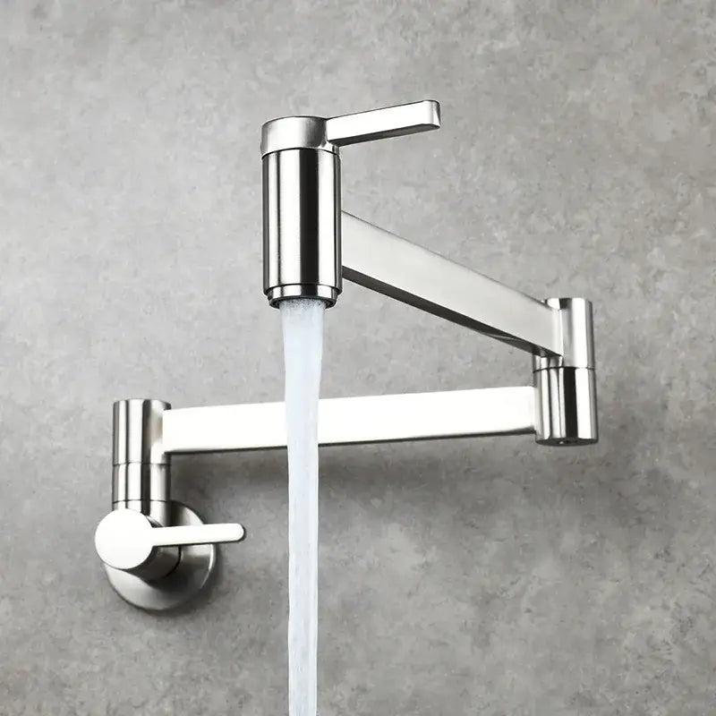 Modern stainless steel wall-mounted pot filler faucet with sleek articulated design and dual handles for kitchen use