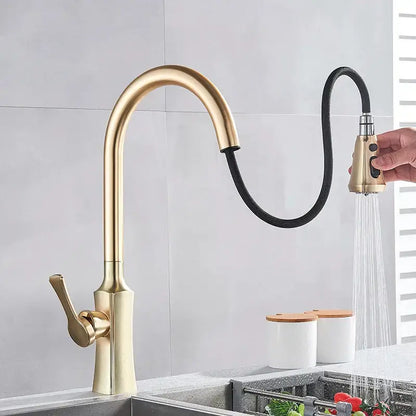 Modern brushed gold pull out kitchen faucet with sleek curved spout and extendable black hose decorbites brushed gold