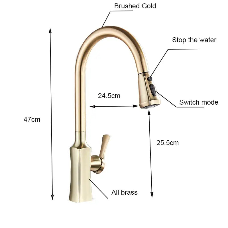 Brushed gold all brass kitchen faucet with curved spout and pull-down spray head for modern decorbites kitchen use