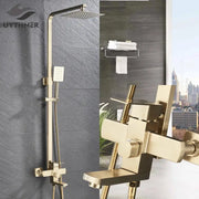 Modern brushed gold rain shower set with square rainhead, handheld spray, and angular mixer valve by decorbites brushed gold