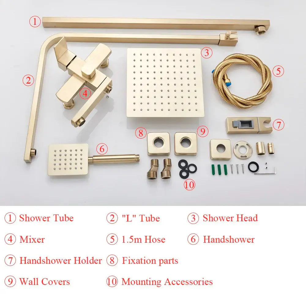 Modern brushed gold rain shower set in brass with square rainhead handshower and mixer decorbites brushed gold finish