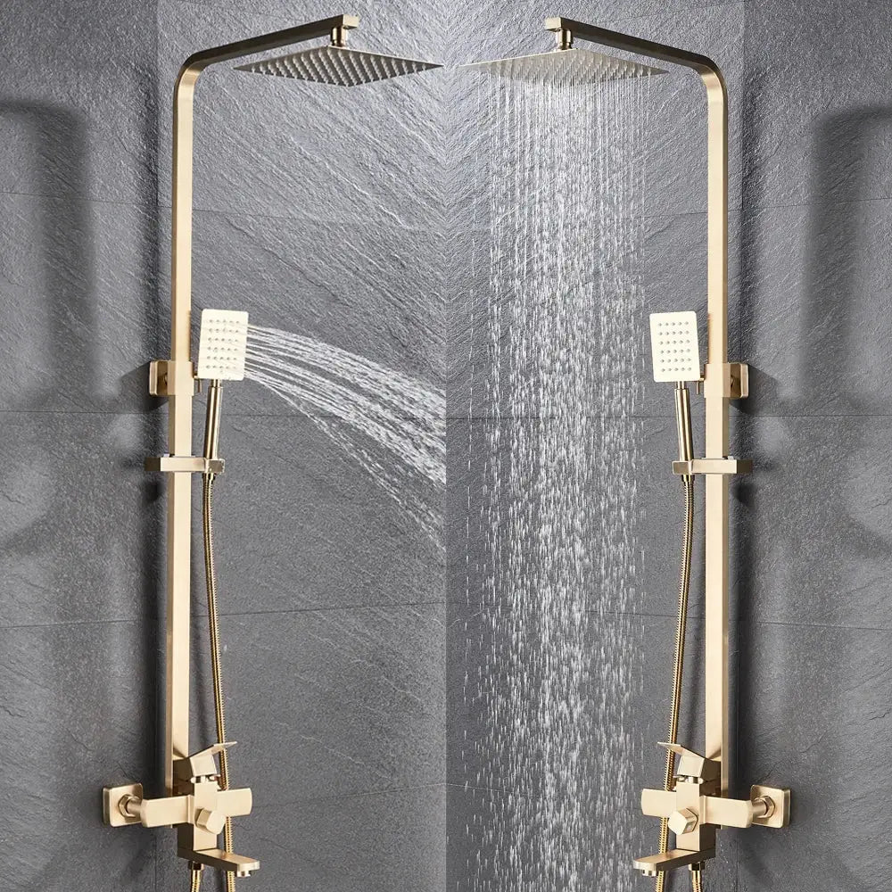 Modern brushed gold shower set with dual square rainheads and handheld sprayers by decorbites brushed gold