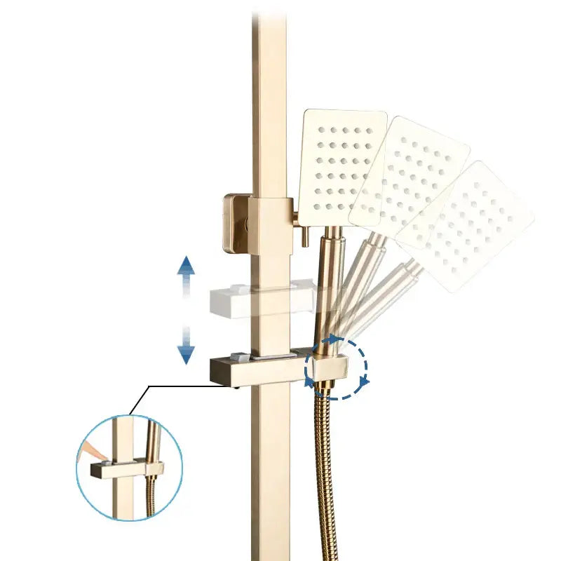 Modern brushed gold rain shower set with three square heads and adjustable sliding bar by decorbites brushed gold