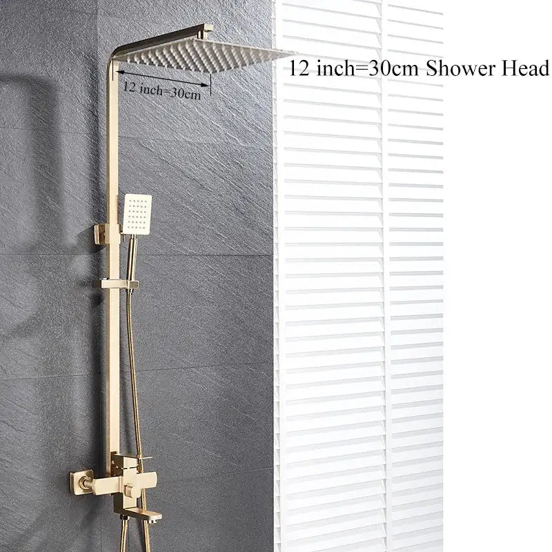 Modern brushed gold shower set featuring a 12-inch rainfall shower head and handheld sprayer by decorbites brushed gold