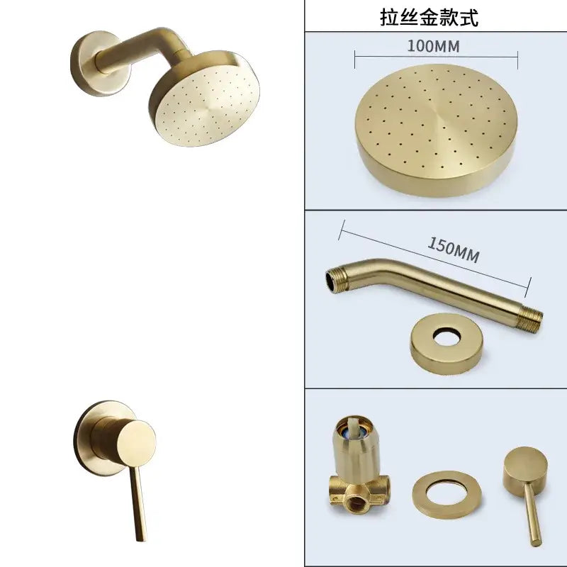 Modern brushed gold rainfall shower faucet set featuring a gold-finished brushed brass circular showerhead with perforated spray face