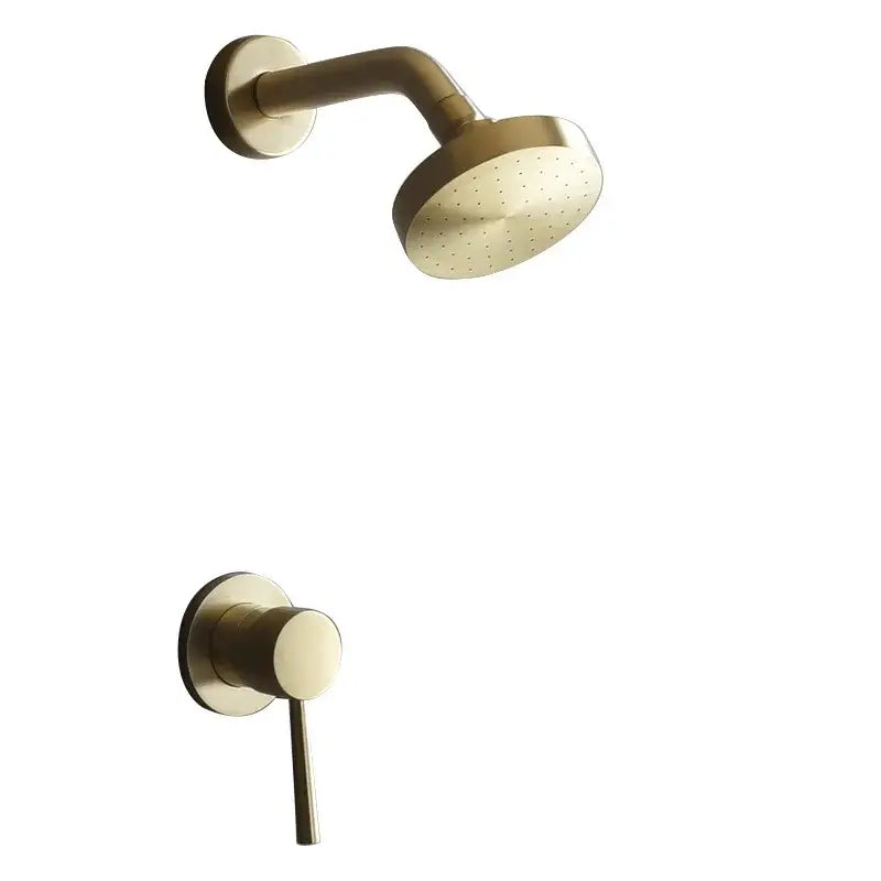 Modern brushed gold rainfall shower faucet set featuring a brass-finished shower head and wall-mounted control valve