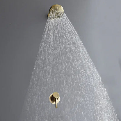 Modern brushed gold rainfall shower faucet set featuring a gold-toned rain shower head and matching wall-mounted valve