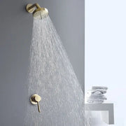 Modern brushed gold rainfall shower faucet set featuring a sleek gold-toned shower head and matching control valve