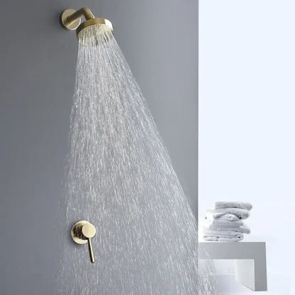 Modern brushed gold rainfall shower faucet set featuring a sleek gold-toned shower head and matching control valve