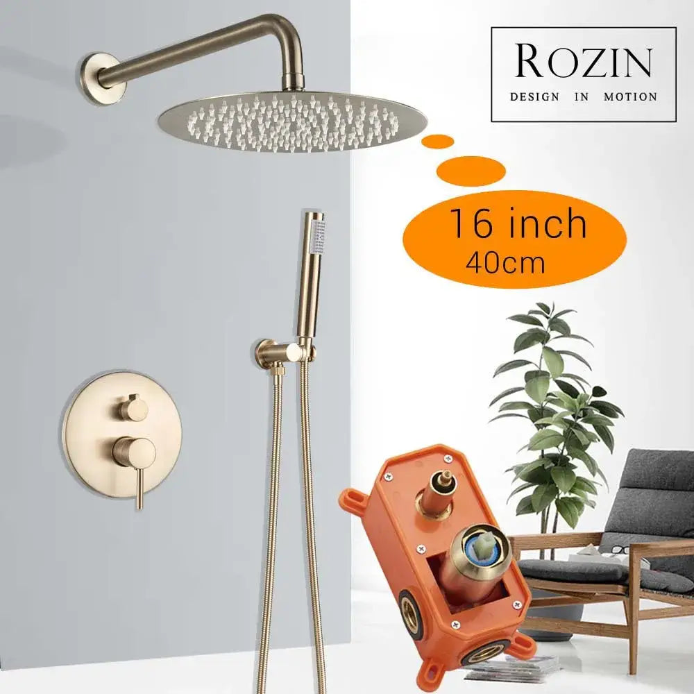 Bronze-finished 16-inch round rainfall shower set with matching handheld shower and wall-mounted control valve in brushed gold