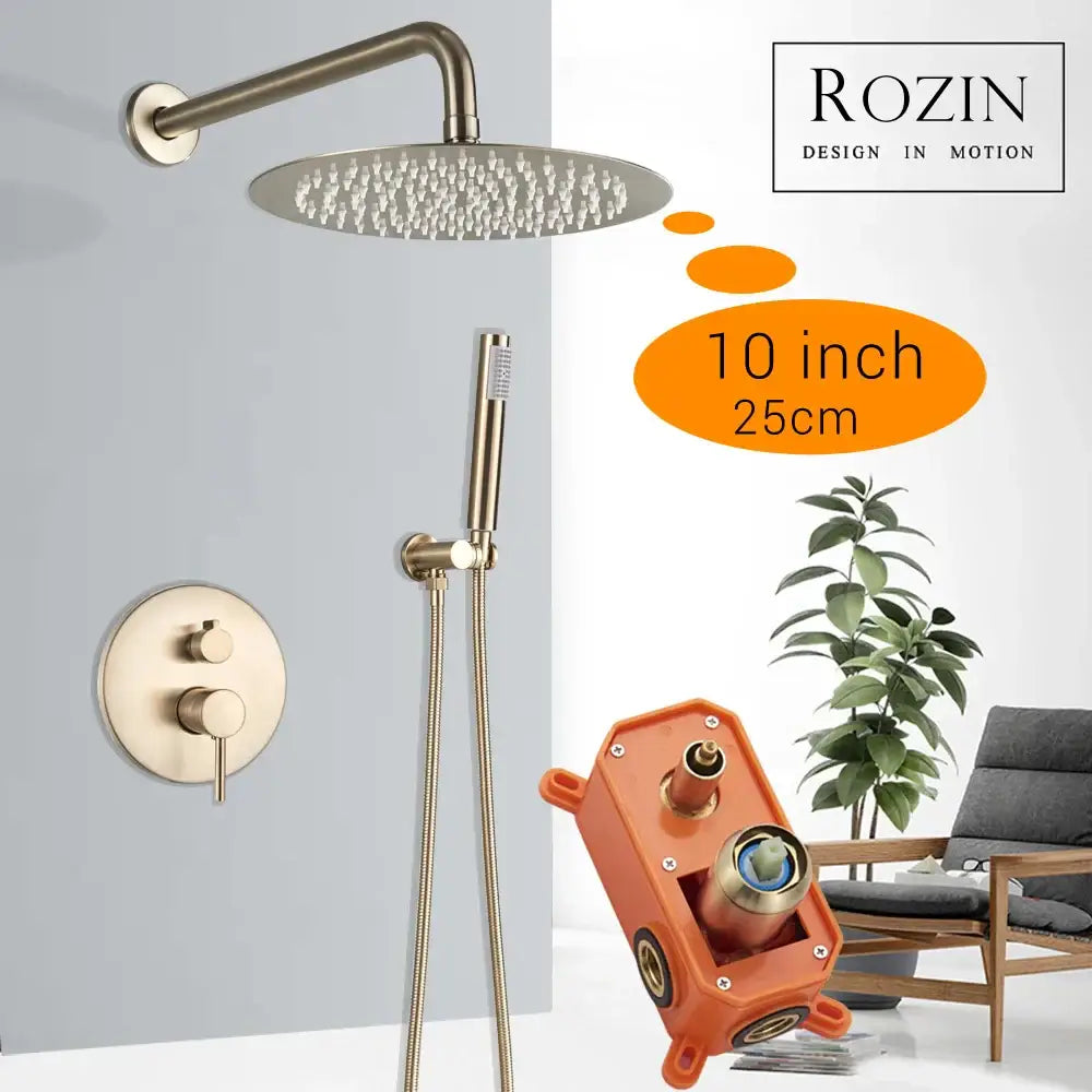 Modern brushed gold rainfall shower set featuring a bronze-finished 10-inch round showerhead with multiple spray nozzles