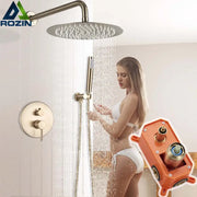 Bronze-finished rozin shower head with circular design and multiple spray nozzles in modern brushed gold rainfall shower set