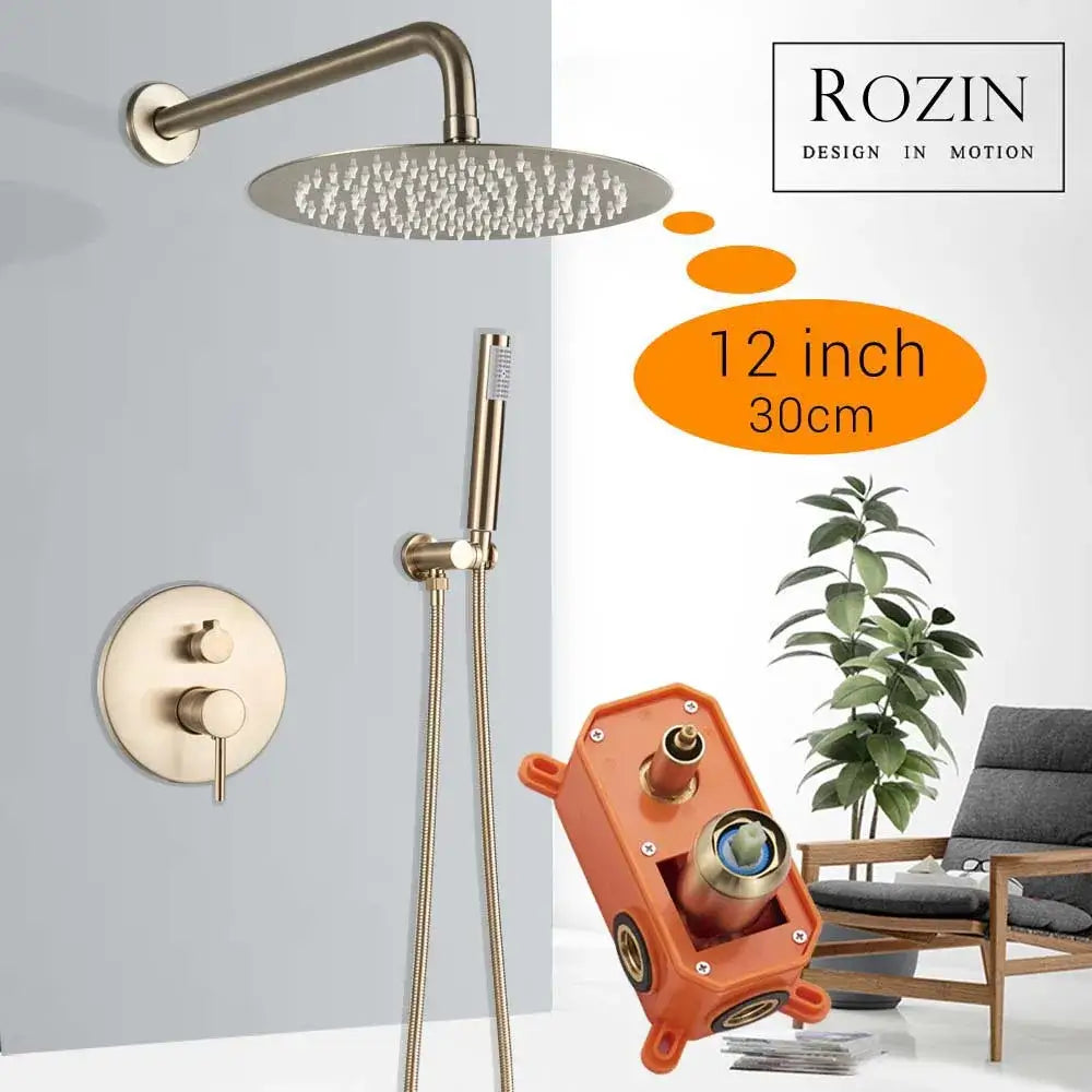 Modern brushed gold rainfall shower set featuring a bronze-finished 12-inch round showerhead with handheld sprayer and wall valve