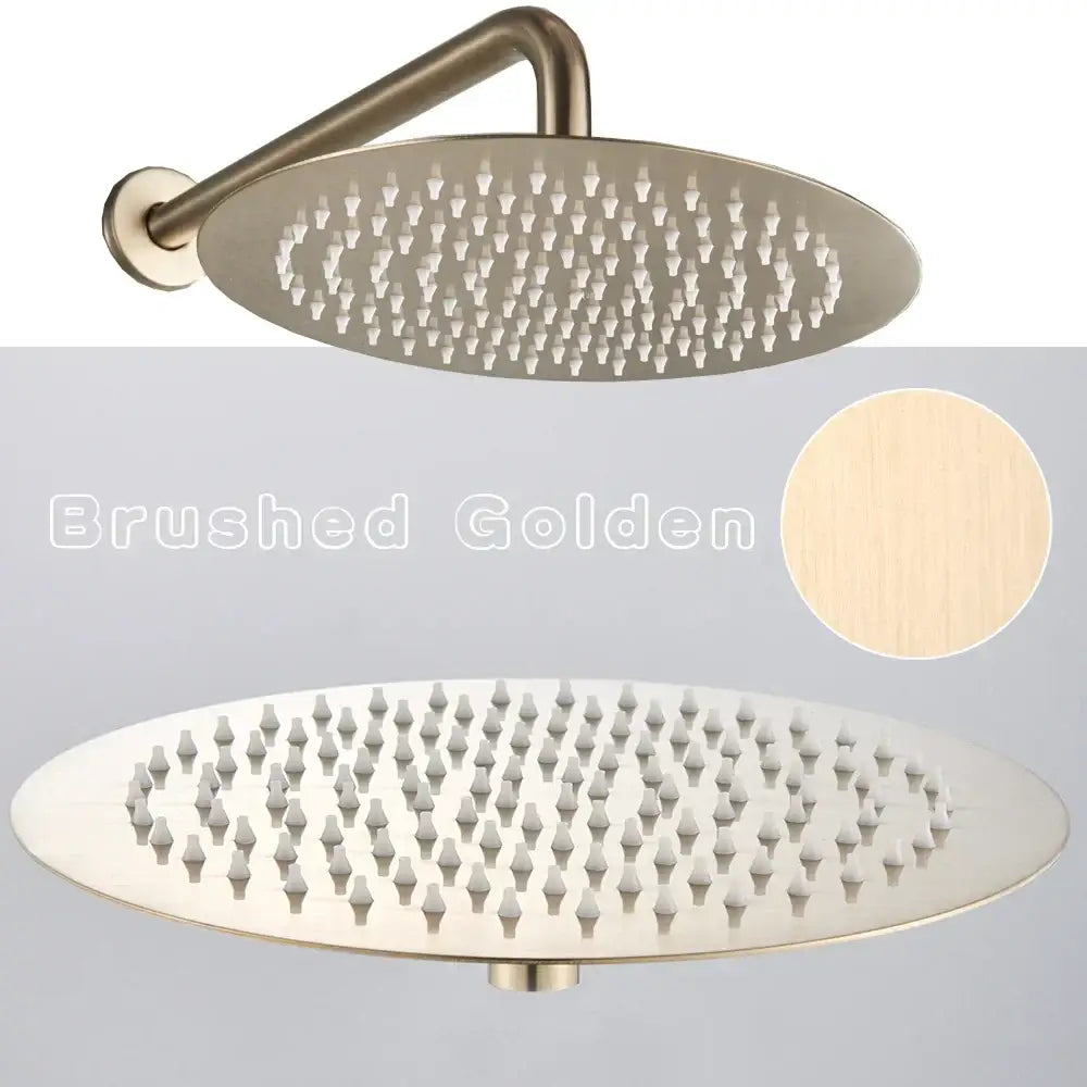 Modern brushed gold rainfall shower set featuring a round brushed golden showerhead with multiple nozzles and sleek design