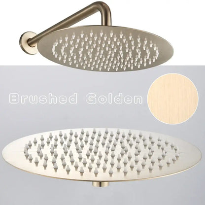 Modern brushed gold rainfall shower set featuring a round brushed golden showerhead with multiple nozzles and sleek design