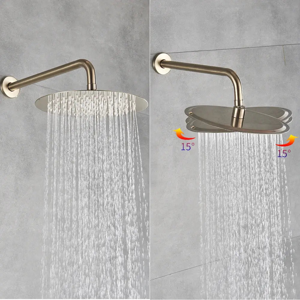 Brushed nickel round showerhead with adjustable swivel in a modern brushed gold rainfall shower set bathroom fixture