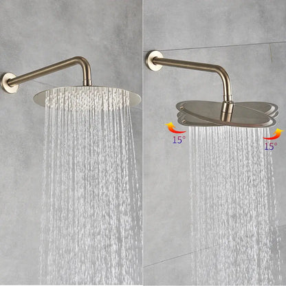 Brushed nickel round showerhead with adjustable swivel in a modern brushed gold rainfall shower set bathroom fixture