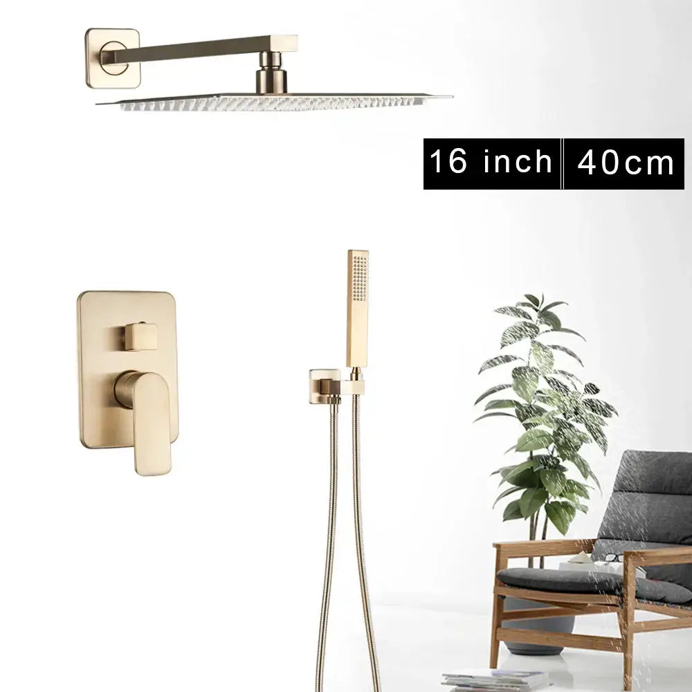 Modern brushed gold 16 inch square rainfall shower set with wall-mounted mixer and handheld sprayer decorbites brushed gold
