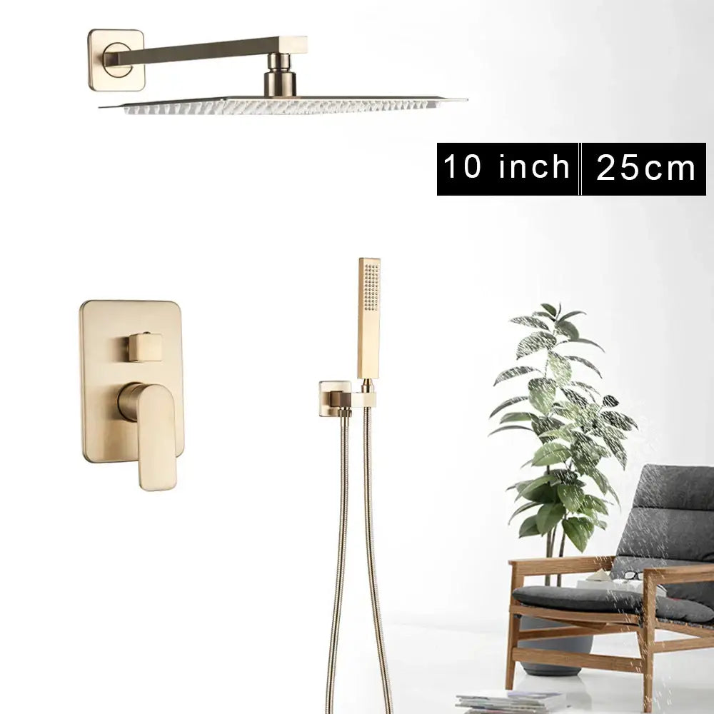 Modern brushed gold rainfall shower set featuring a 10-inch square showerhead with matching wall-mounted faucet and handheld sprayer decorbites brushed gold