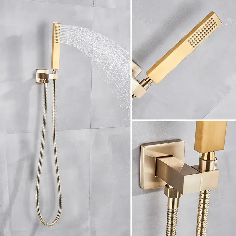 Modern brushed gold rainfall shower set featuring a gold-toned rectangular rainfall showerhead with a sleek perforated face