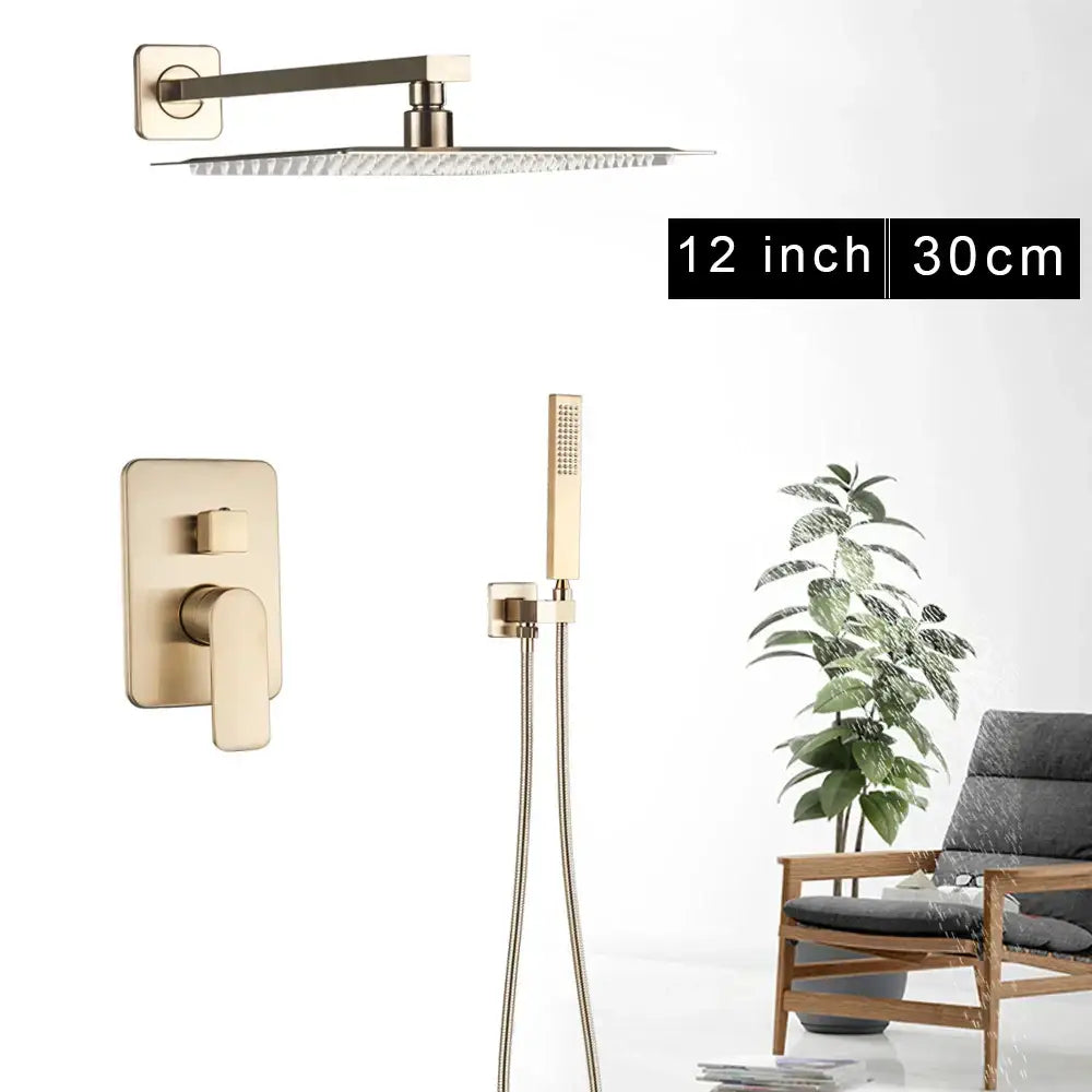 Modern brushed gold 12-inch square rainfall shower set with multiple jets for bathroom wall mounted mixer decorbites brushed gold
