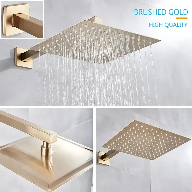 Modern brushed gold rainfall shower set featuring a square brushed gold showerhead with multiple spray nozzles decorbites brushed gold