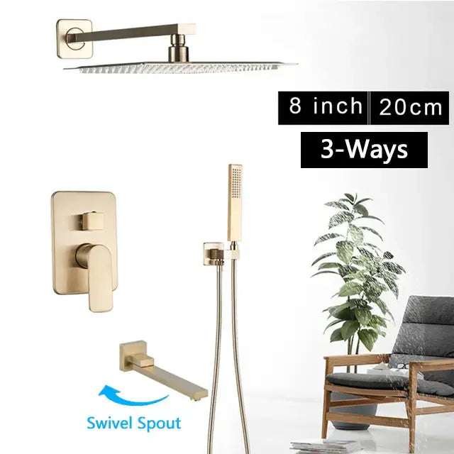 Modern brushed gold rainfall shower set featuring an 8-inch square gold-finished showerhead with three-way functionality
