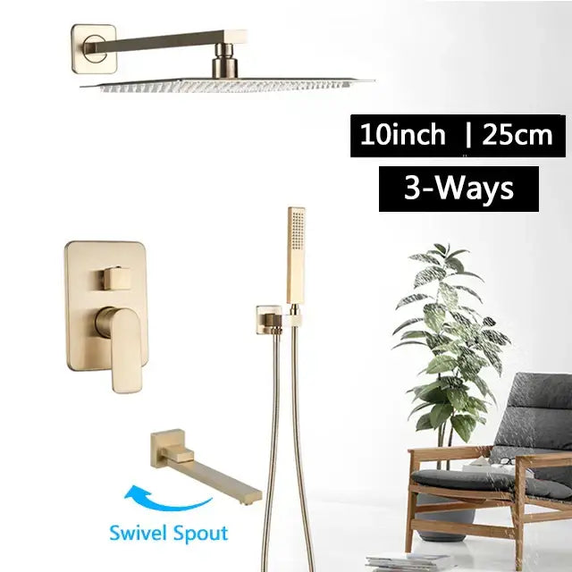 Modern brushed gold rainfall shower set with 10-inch rainhead handheld shower and swivel spout wall mixer decorbites
