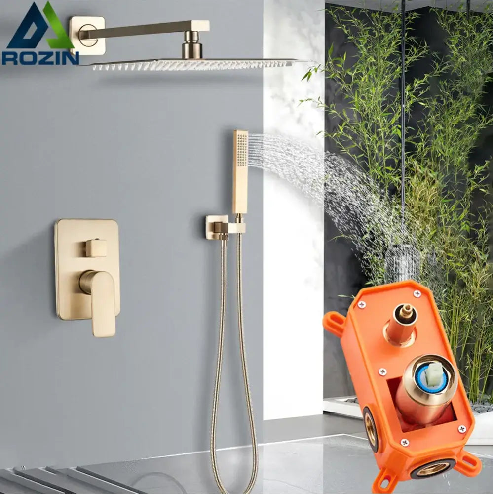 Modern brushed gold rainfall shower set featuring a gold-toned rectangular showerhead with multiple nozzles by decorbites