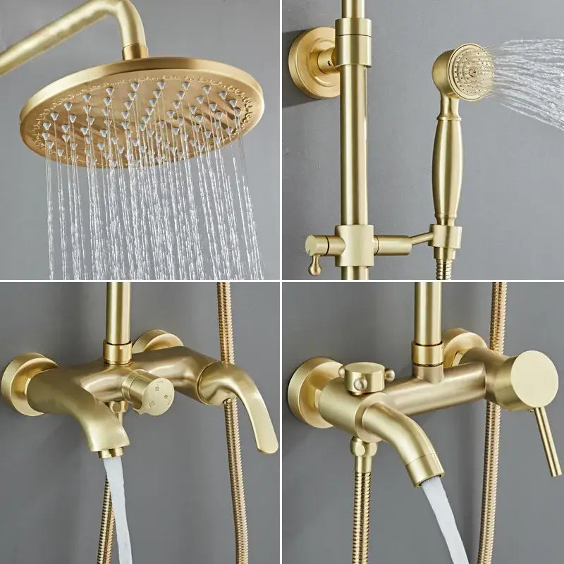 Modern brushed gold rainfall shower set with bathtub faucet made of gold-finished brass featuring round rainhead and dual handles