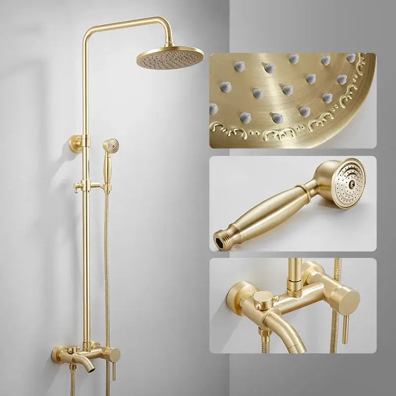 Modern brushed gold rainfall shower set with bathtub faucet in brushed gold brass for elegant bathroom shower set decorbites