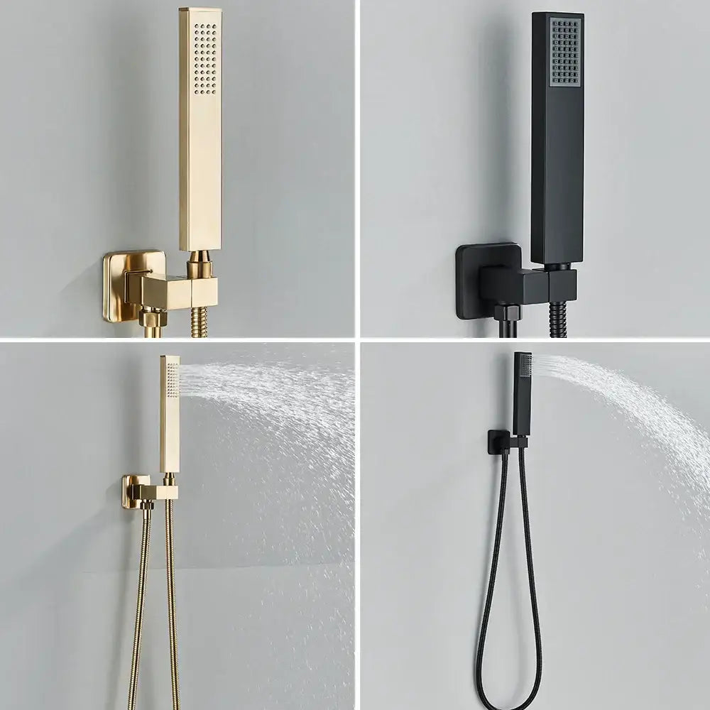 Modern brushed gold rainfall shower set featuring a rectangular showerhead with a sleek minimalist design