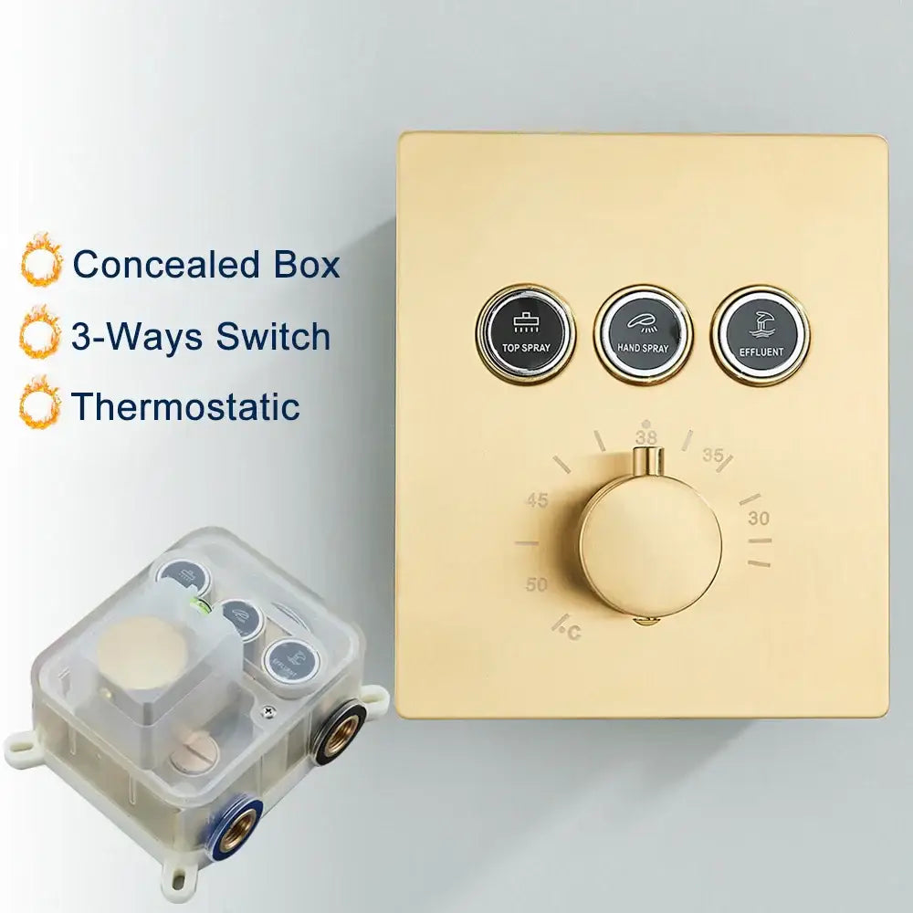 Modern brushed gold rainfall shower set control panel with three circular spray buttons and central temperature dial