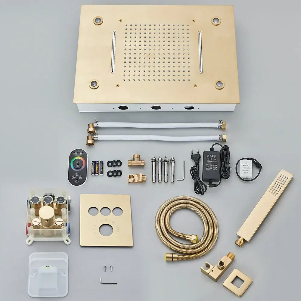 Modern brushed gold rainfall shower set with rectangular rain shower head handheld spray and matching fixtures