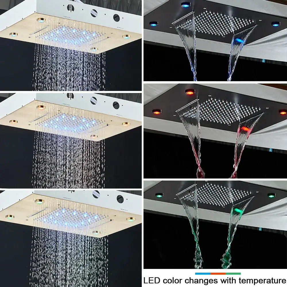 Modern brushed gold shower set featuring a rectangular rainfall shower head with led lighting and waterfall spouts