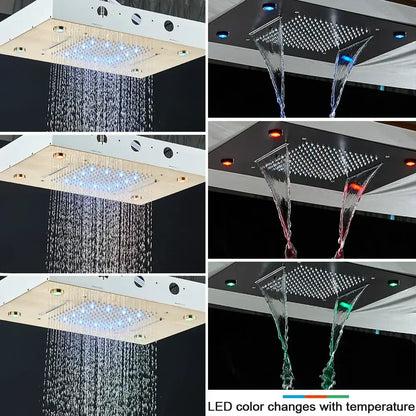 Modern brushed gold shower set featuring a rectangular rainfall shower head with led lighting and waterfall spouts