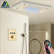 Modern brushed gold rainfall shower set featuring a rectangular rain shower head with led lights and crystal droplets