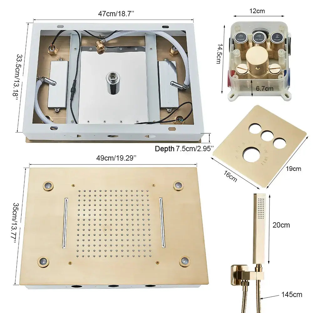 Modern brushed gold shower set with rectangular rainfall shower panel and handheld spray head with led faucet