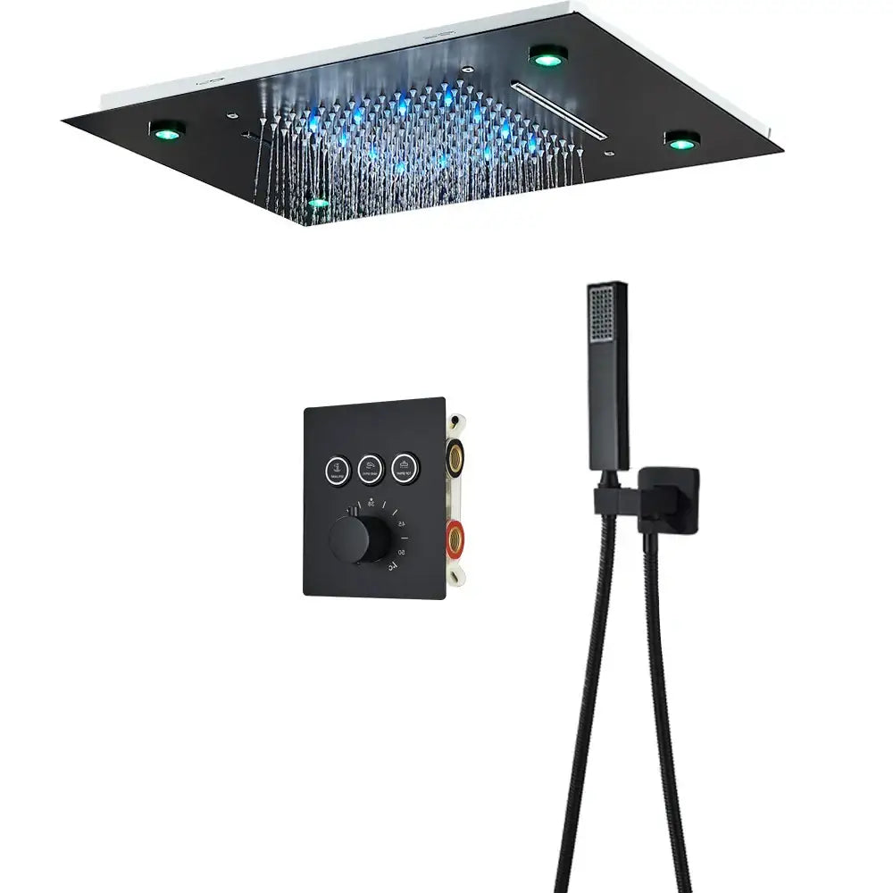 Black rectangular rain shower head with blue and green led lights in modern brushed gold rainfall shower set